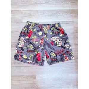 Big Dogs Men's Swim Trunks Medium Gray Tropical Cocktail Print Mesh Lined Beach